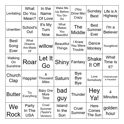 Summer Music Bingo Card
