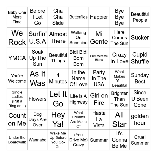 Summer Music Bingo Card