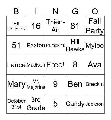 Mr. Majorins 3rd Grade Fall Party Bingo Card