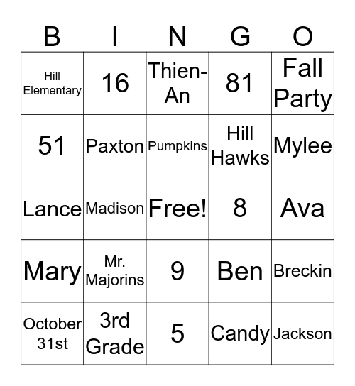 Mr. Majorins 3rd Grade Fall Party Bingo Card