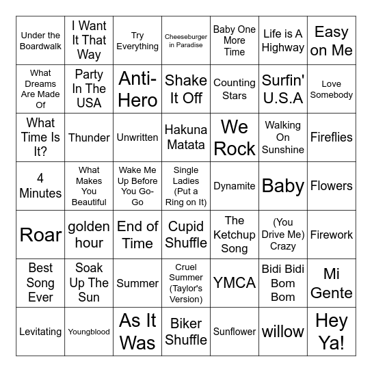 Summer Music Bingo Card