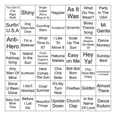 Summer Music Bingo Card