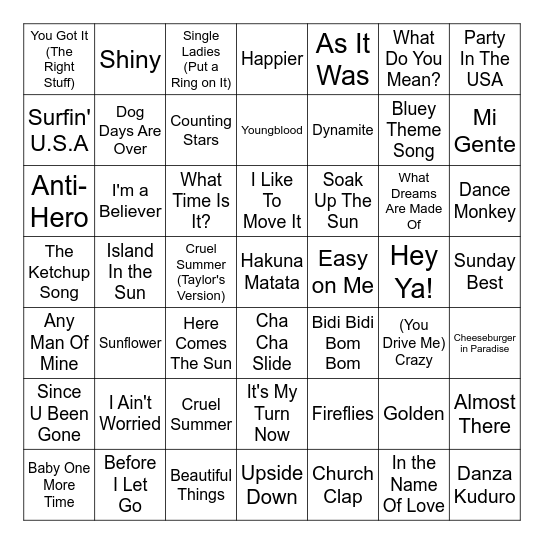Summer Music Bingo Card