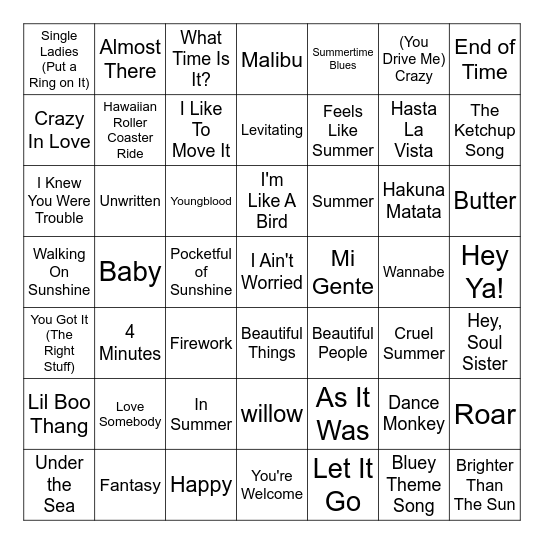 Summer Music Bingo Card