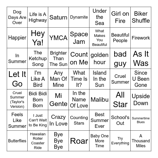 Summer Music Bingo Card