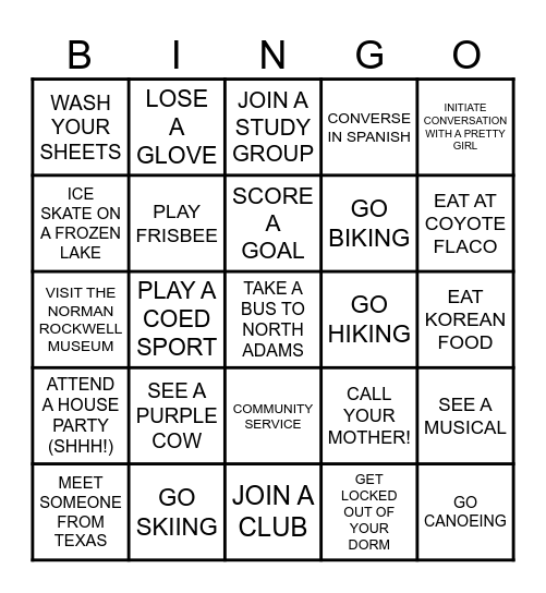 1ST EXPERIENCES AT WILLIAMS COLLEGE Bingo Card