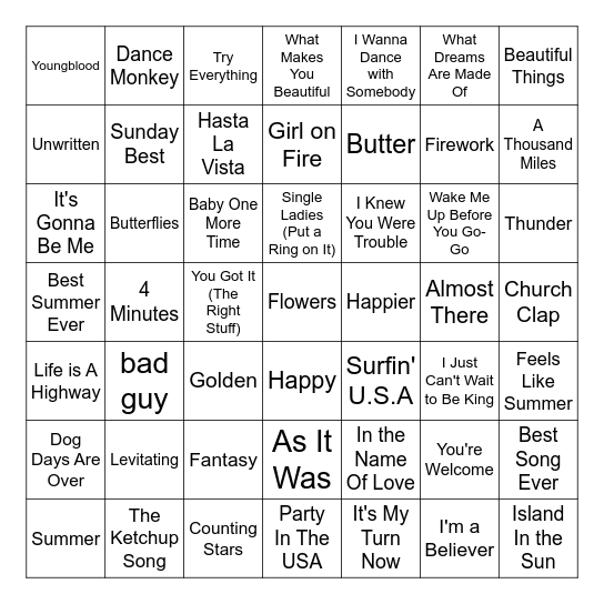 Summer Music Bingo Card