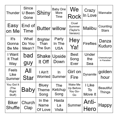 Summer Music Bingo Card