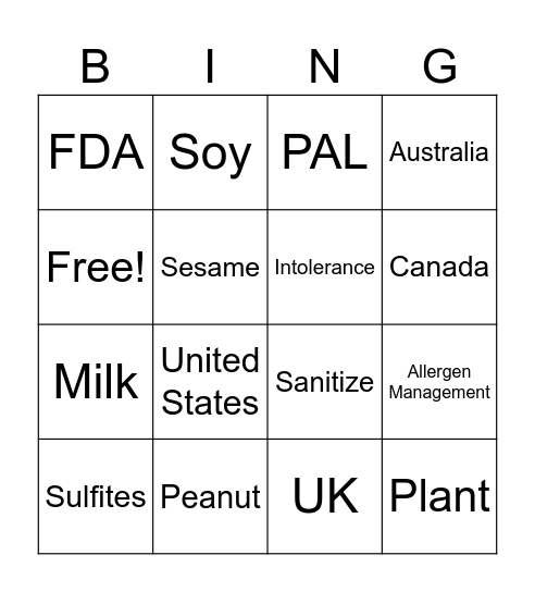 Allergen Bingo Card