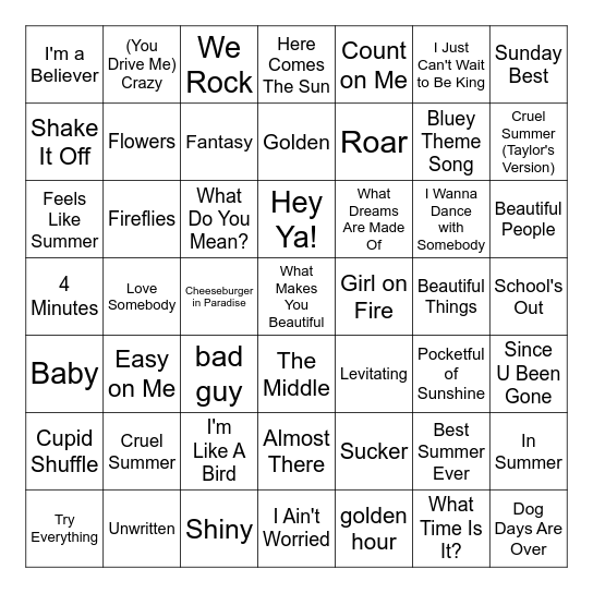 Summer Music Bingo Card