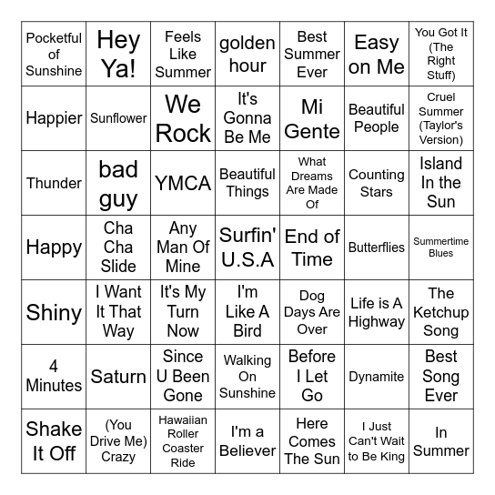 Summer Music Bingo Card