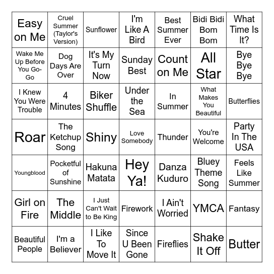 Summer Music Bingo Card
