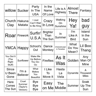 Summer Music Bingo Card