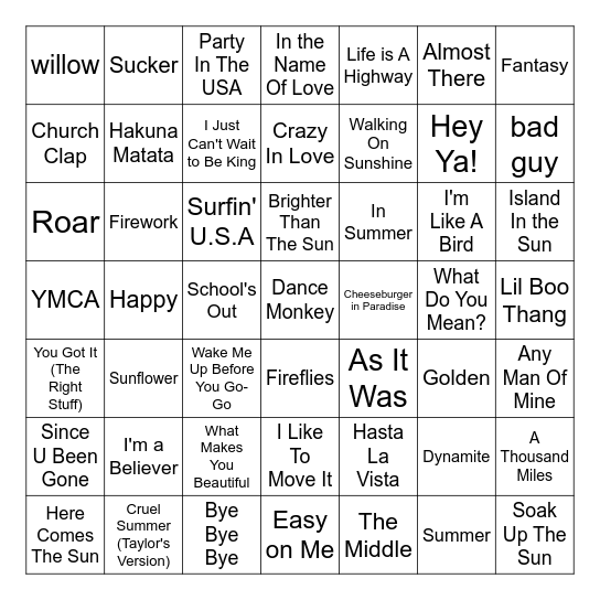 Summer Music Bingo Card