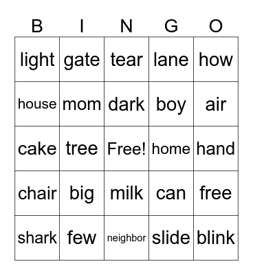phonics Bingo Card