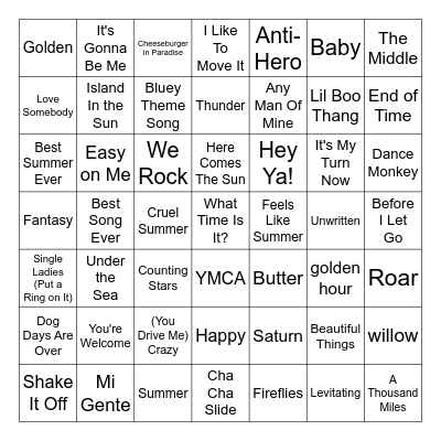 Summer Music Bingo Card