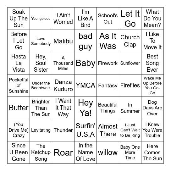 Summer Music Bingo Card