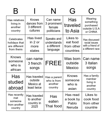 Multicultural Bingo Card