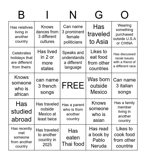 Multicultural Bingo Card