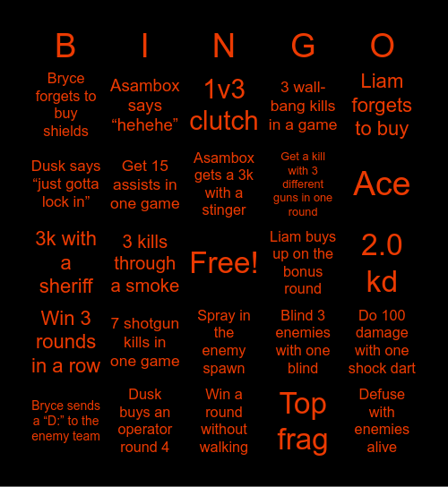 Valorant Bingo Card