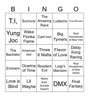Reality TV, Nintendo, & 2000s Rap Bingo Card