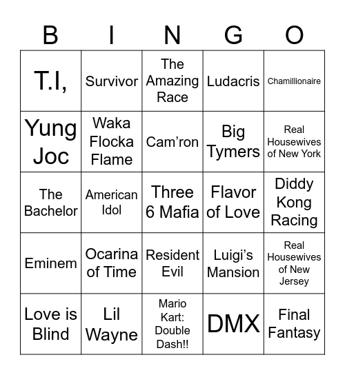 Reality TV, Nintendo, & 2000s Rap Bingo Card