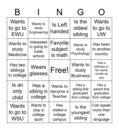 College Quest BINGO Card