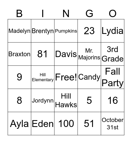 Mr. Majorins 3rd Grade Fall Party Bingo Card