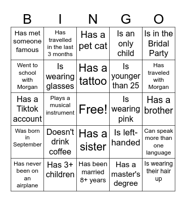 Bridal Bingo Card