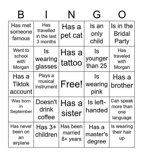 Bridal Bingo Card