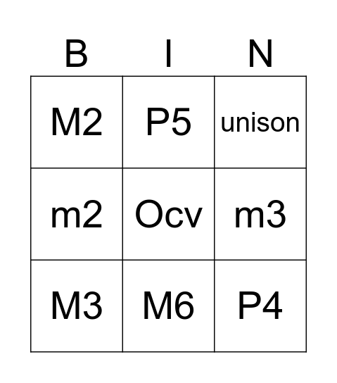 Music Intervals Bingo Card