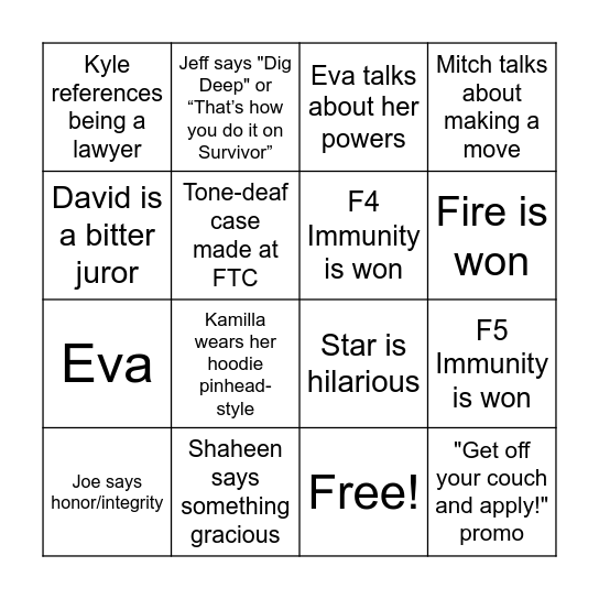Survivor 48 Bingo Card
