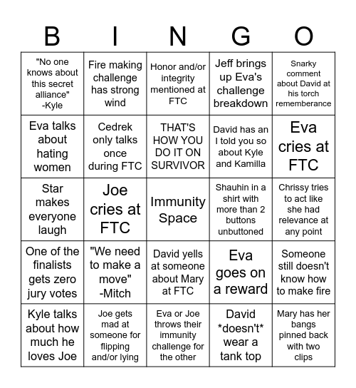 Survivor finale Bingo Card