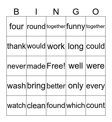 Word Bingo Card