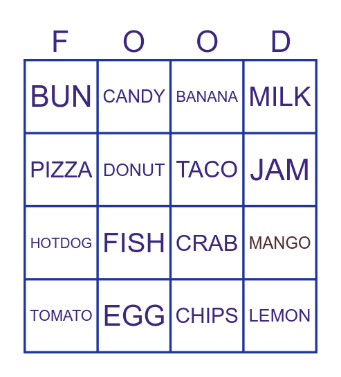 FOOD BINGO SHORT VOWELS Bingo Card