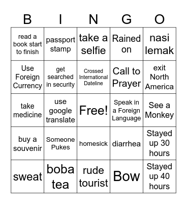 International Travel Bingo Card