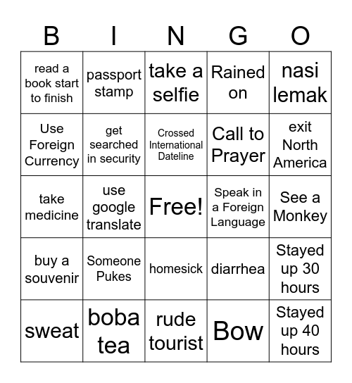 International Travel Bingo Card