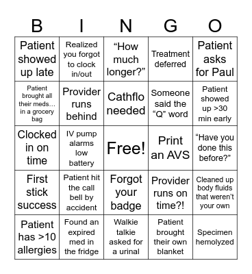 Nurse Bingo Card