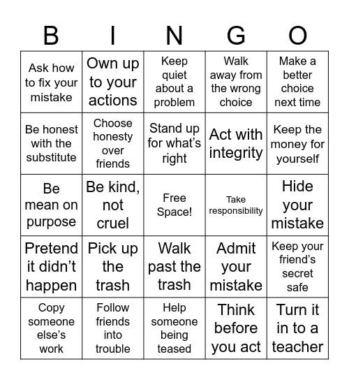 Showing Integrity BINGO Card