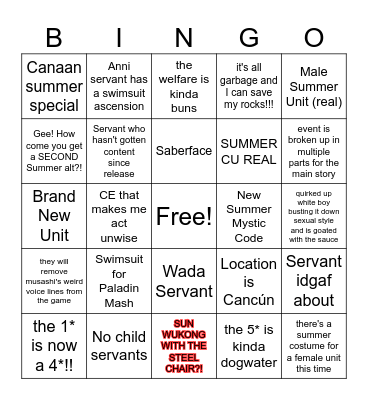 FGO Summer 10 Bingo! Bingo Card