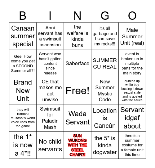 FGO Summer 10 Bingo! Bingo Card