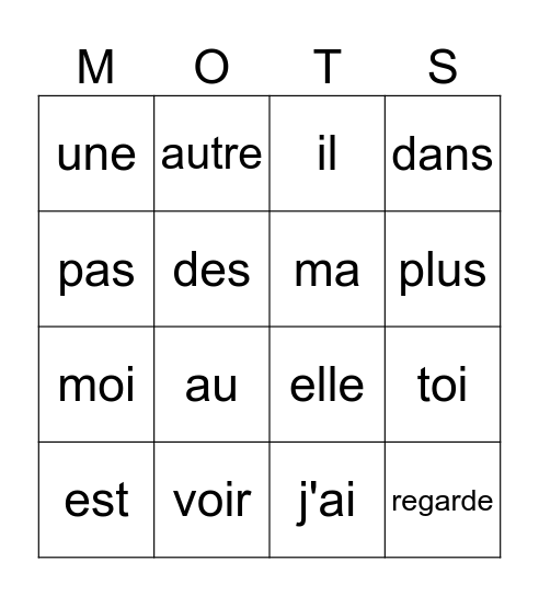 Mots fréquents Bingo Card