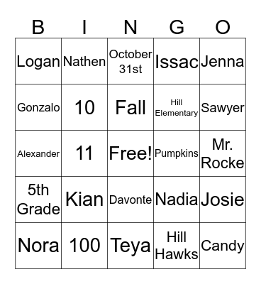 Mr. Rocke's 5th Grade Fall Party Bingo Card