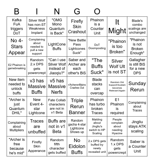 HSR 3.4 Beta Bingo Card