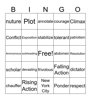 Vocabulary Bingo Card