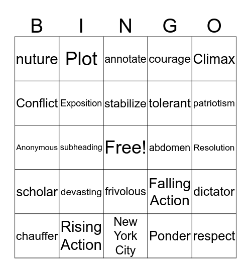 Vocabulary Bingo Card