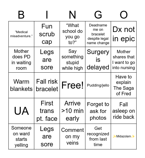 Surgery Bingo Card