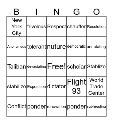 Vocabulary Bingo Card