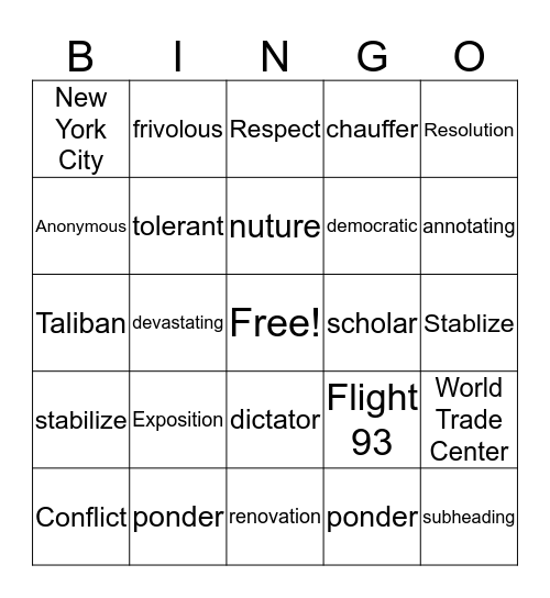 Vocabulary Bingo Card