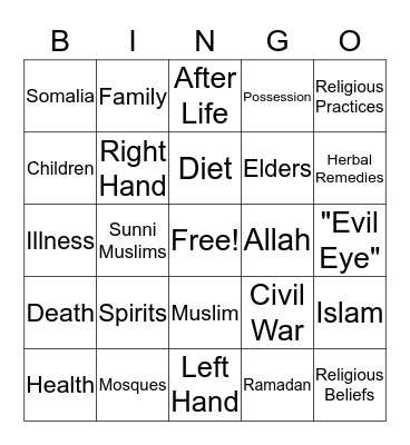 Somali Culture Bingo Card